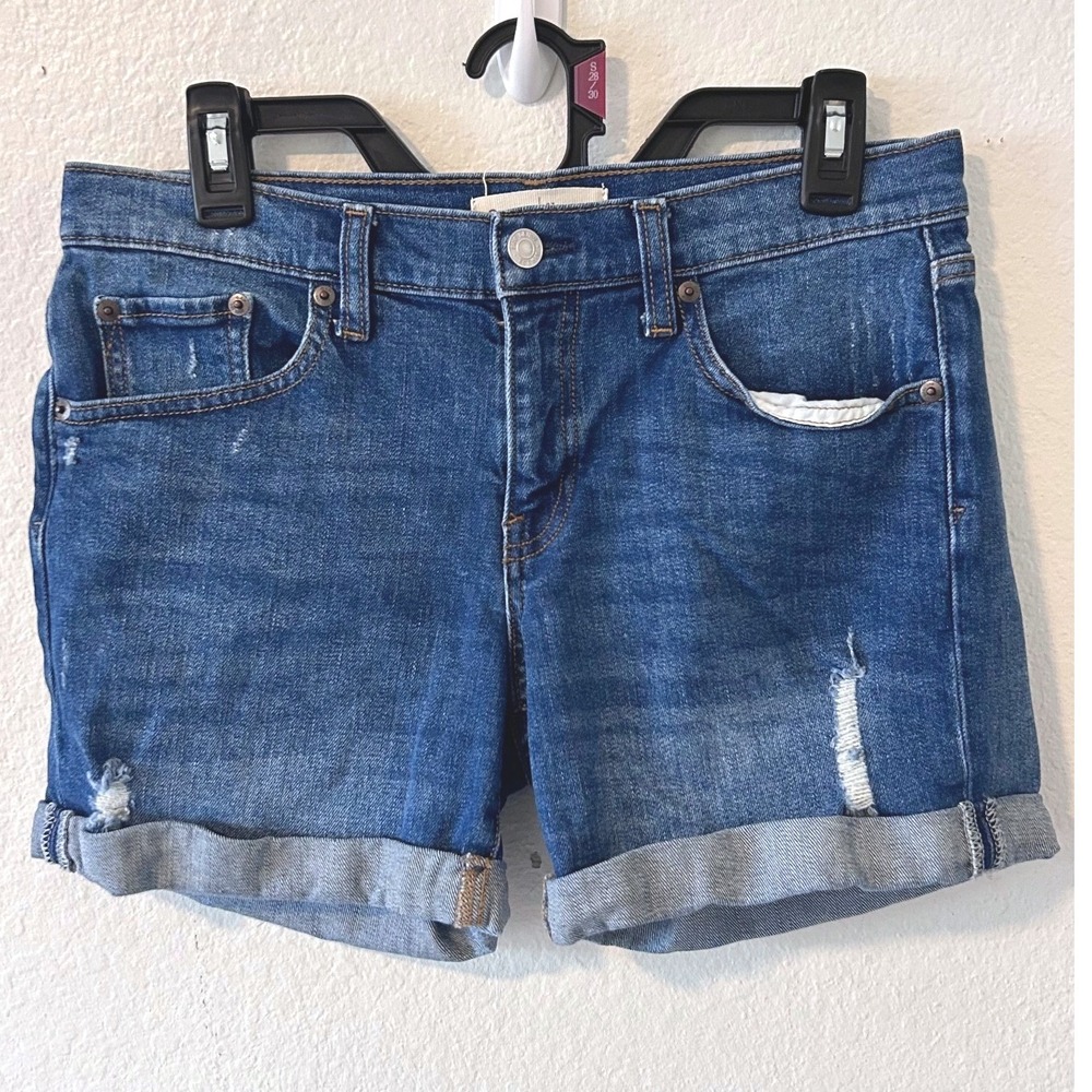 Gap 1969 Womens Medium Wash Distressed Cuffed Denim Shorts Size 27 5 Inch Inseam
